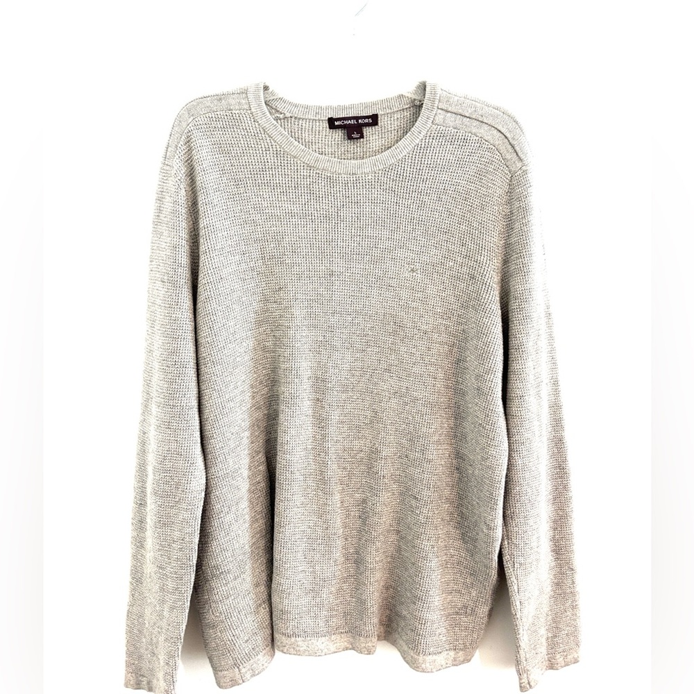 Michael Kors Size L Men's Waffle knit Crewneck Gray Tan Sweater Top Long Sleeve